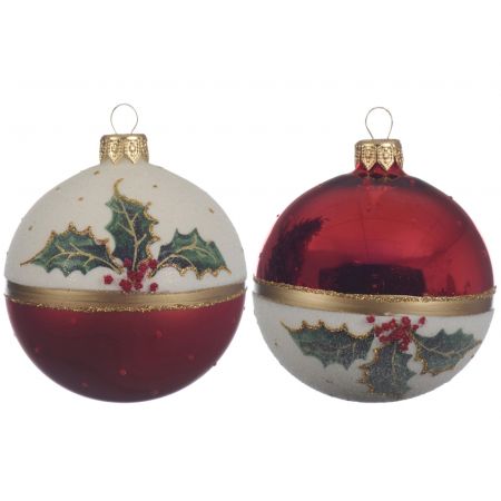 Kerstbal glas d8cm diverse soorten hulst kerstrood