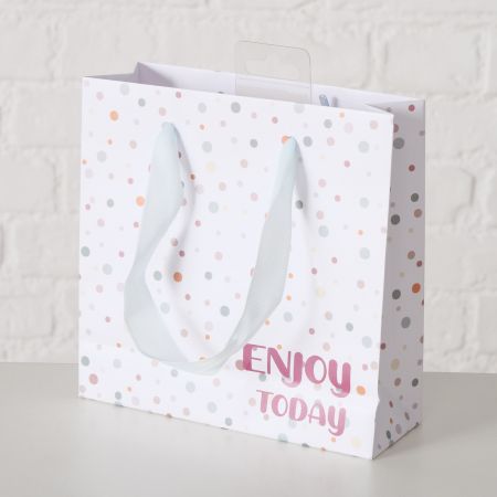 Geschenktas Lavina, H 17 cm, Gestippeld, Veelkleurig, Spreuk/tekst, Print rondom, Lichtgroen, Wit, Papier, Polyester