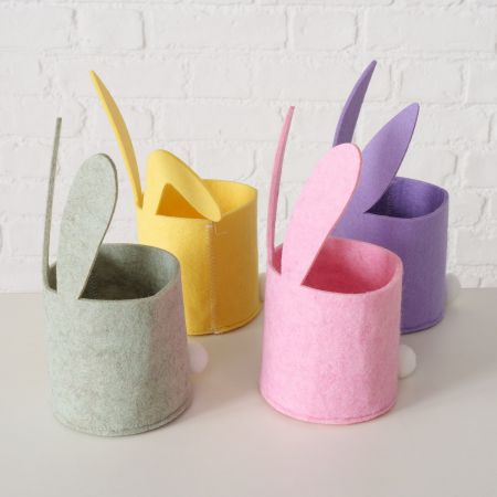 Mandje Easter, 4 ass., Haas, Rond, H 21 cm, Polyester vilt, Lichtgroen, Roze, Paars, Geel