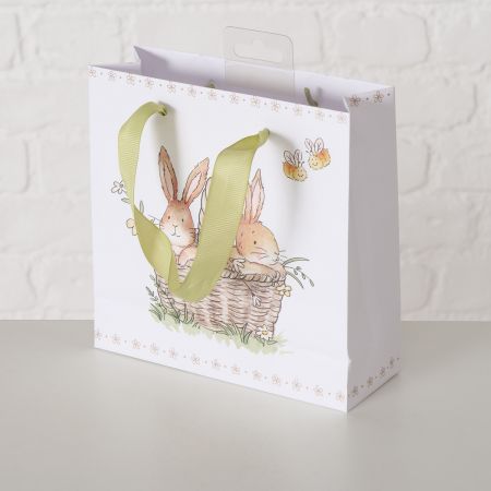 Geschenktas Charmy, H 17 cm, Veelkleurig, Motief, Bruin, Wit, Papier, Polyester