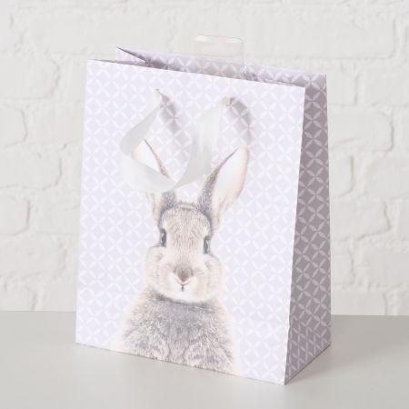 Geschenktas Fluffy, H 25 cm, Veelkleurig, Motief, Ornament, Print rondom, Lichtgrijs, Wit, Bruin, Papier, Polyester