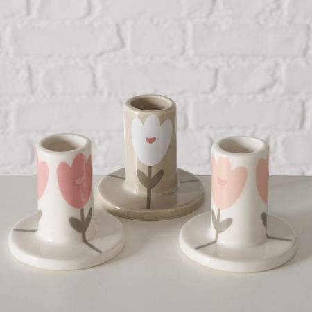 Kandelaar Gardenlove, 3 ass., Rond, H 6 cm, Steengoed, Beige, Wit, Lichtroze, Donkerroze