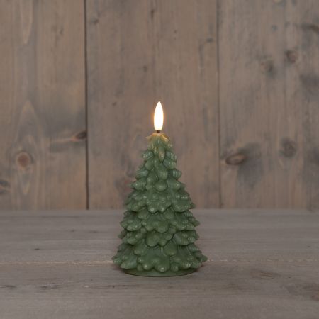 KAARS KERSTBOOM WAX LED 3D VLAM OP BATTERIJ MET TIMER D8.5H15CM JADE GROEN