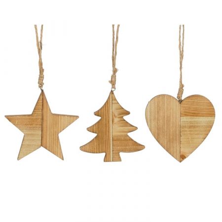 Ornament ster hart boom bruin 3 assorti FSC 100% - l10xb10xh1cm