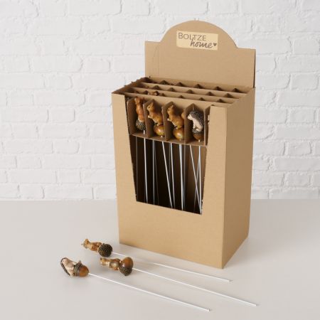 Potsteker Mukki, 3 assortie Toonbankdisplay, Eekhoorn, Egel, Vos, H 30 cm, Synthetische hars
