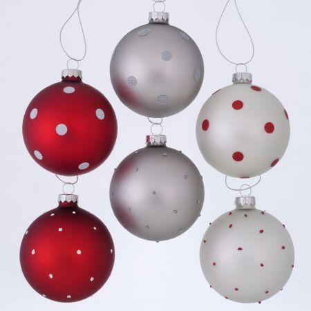 Kerstbal Clara, 6 assortie Toonbankdisplay, D 8 cm, gls gelakt, Gestippeld, Veelkleurig, Print rondom