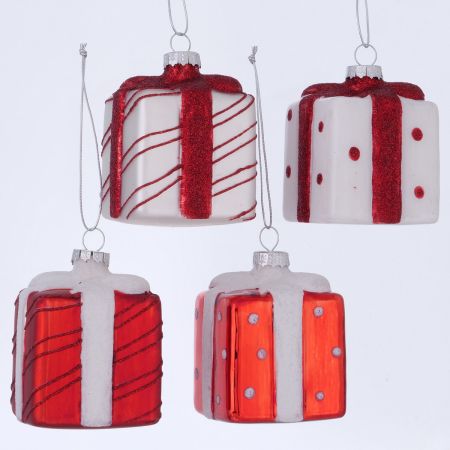 Kersthanger Gifties, 4 assortie Vierkant, Geschenk, L 6 cm, H 9 cm, Glitter, Mat