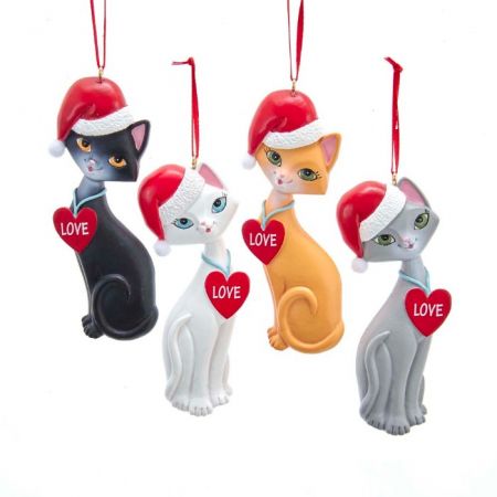 4"RESIN CAT W/XMAS HAT ORN 4/ASSTD