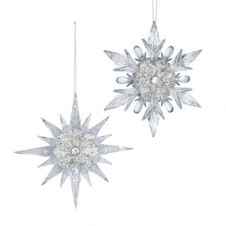 4.7-4.9"PLASTIC CLEAR SNOWFLAKE W/GLITTER & STONE ORN 2/ASST