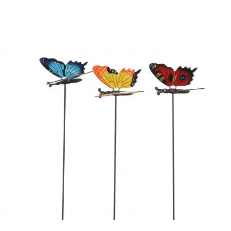 Tuinsteker vlinder rood blauw oranje 3 assorti - l13xb10xh32cm
